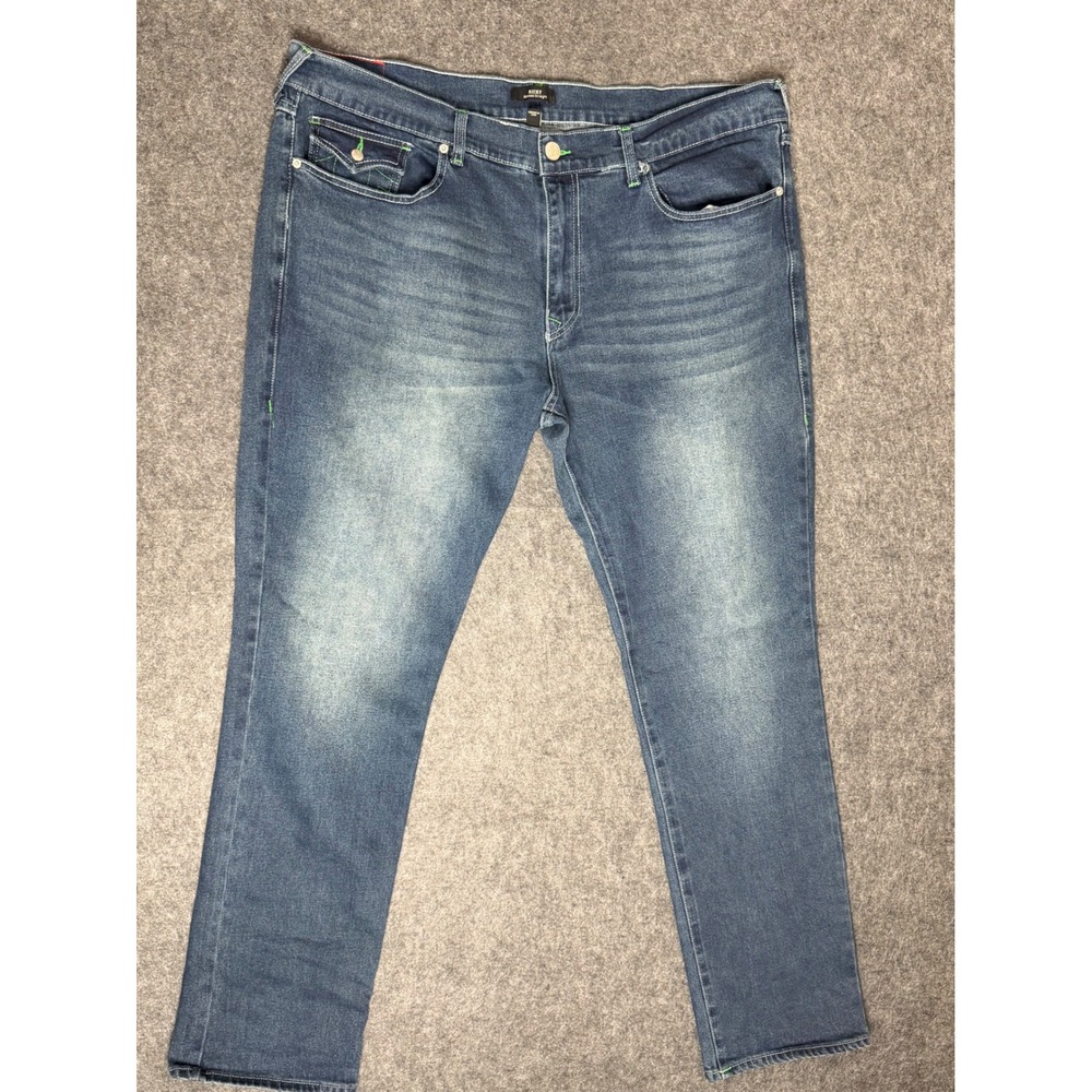True Religion Ricky Relaxed Straight Jeans Mens 42 Blue Denim Neon Green Stitch
